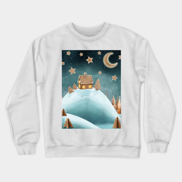 Gingerbread house, trees, on snow hills landscape, moon and stars watercolor illustration. Fantasy sweets world snow landscape. Moonlight magic candy world scenery. Crewneck Sweatshirt by likapix